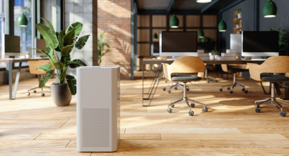 Air Purifier In Modern Open Plan Office For Fresh Air, Healthy Life, Cleaning And Removing Dust.